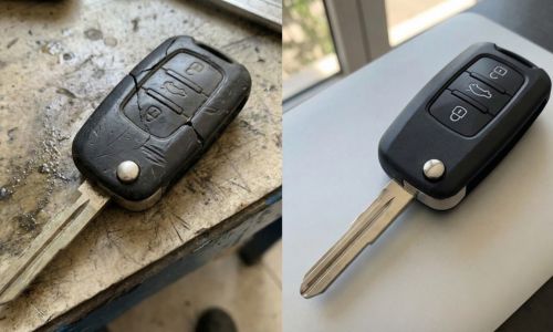 Κλειδί αυτοκινήτου πριν και μετά την επισκευή, αντικατάσταση κελύφους και αποκατάσταση λειτουργίας remote.